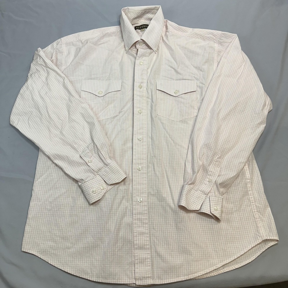 Stetson Shirt Mens Large Pink Check Western Cotton Business Cowboy Workwear